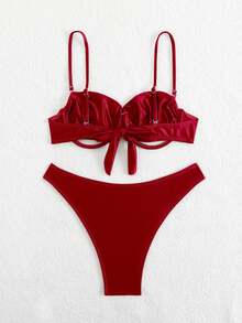 SHEIN Swim 新款細肩帶鏤空金屬飾邊露背性感亮面紅色女款泳衣套裝，適合夏季海灘度假 - 紅色 - 查看 3