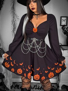 Whyspr Gaun Mini Hitam Halloween Motif dengan Pinggang Ramping Ukuran Plus untuk Musim Gugur/Dingin - Hitam - View 6