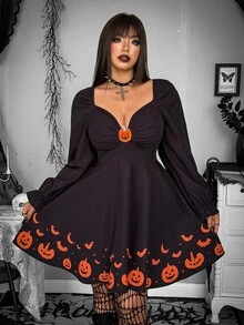 Whyspr Gaun Mini Hitam Halloween Motif dengan Pinggang Ramping Ukuran Plus untuk Musim Gugur/Dingin - Hitam - View 1