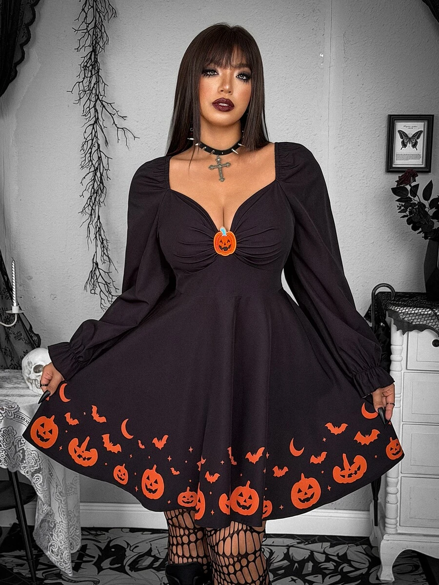 Whyspr Gaun Mini Hitam Halloween Motif dengan Pinggang Ramping Ukuran Plus untuk Musim Gugur/Dingin - Hitam - View 1