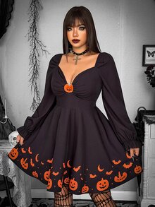 Whyspr Gaun Mini Hitam Halloween Motif dengan Pinggang Ramping Ukuran Plus untuk Musim Gugur/Dingin - Hitam - View 8