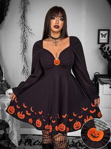Whyspr Gaun Mini Hitam Halloween Motif dengan Pinggang Ramping Ukuran Plus untuk Musim Gugur/Dingin - Hitam - View 7