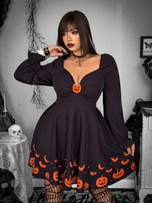 Whyspr Gaun Mini Hitam Halloween Motif dengan Pinggang Ramping Ukuran Plus untuk Musim Gugur/Dingin - Hitam - View 3
