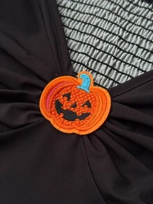 Whyspr Gaun Mini Hitam Halloween Motif dengan Pinggang Ramping Ukuran Plus untuk Musim Gugur/Dingin - Hitam - View 5