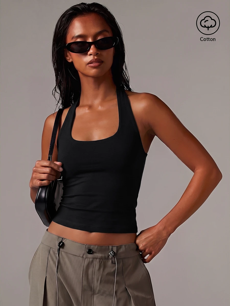 Athîral Women's Casual Date Party Solid Color Halter Neck Backless Design Tank Top, All-Season Party Date Outfit - Black - View 1