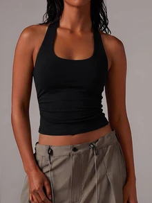 Athîral Women's Casual Date Party Solid Color Halter Neck Backless Design Tank Top, All-Season Party Date Outfit - Black - View 4