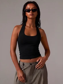 Athîral Women's Casual Date Party Solid Color Halter Neck Backless Design Tank Top, All-Season Party Date Outfit - Black - View 3
