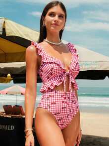 Swim Mod 女士荷叶边镂空露背随机印花连体泳衣，性感夏日度假风 - 彩色 - 查看 5
