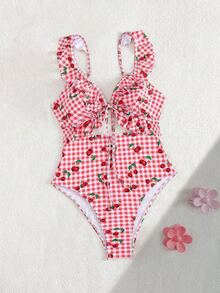 Swim Mod 女士荷叶边镂空露背随机印花连体泳衣，性感夏日度假风 - 彩色 - 查看 6