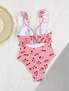Swim Mod 女士荷叶边镂空露背随机印花连体泳衣，性感夏日度假风 - 彩色 - 查看 4