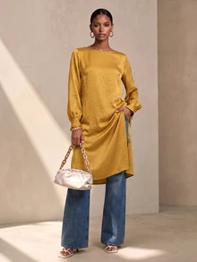 SHEIN Veneréa Kemeja Fashion Wanita Minimalis Elegan dengan Belahan, Warna Polos - Mustard Yellow - View 6