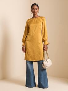 SHEIN Veneréa Kemeja Fashion Wanita Minimalis Elegan dengan Belahan, Warna Polos - Mustard Yellow - View 4