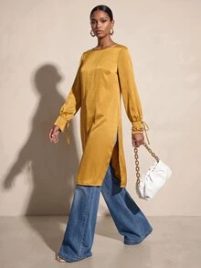SHEIN Veneréa Kemeja Fashion Wanita Minimalis Elegan dengan Belahan, Warna Polos - Mustard Yellow - View 1