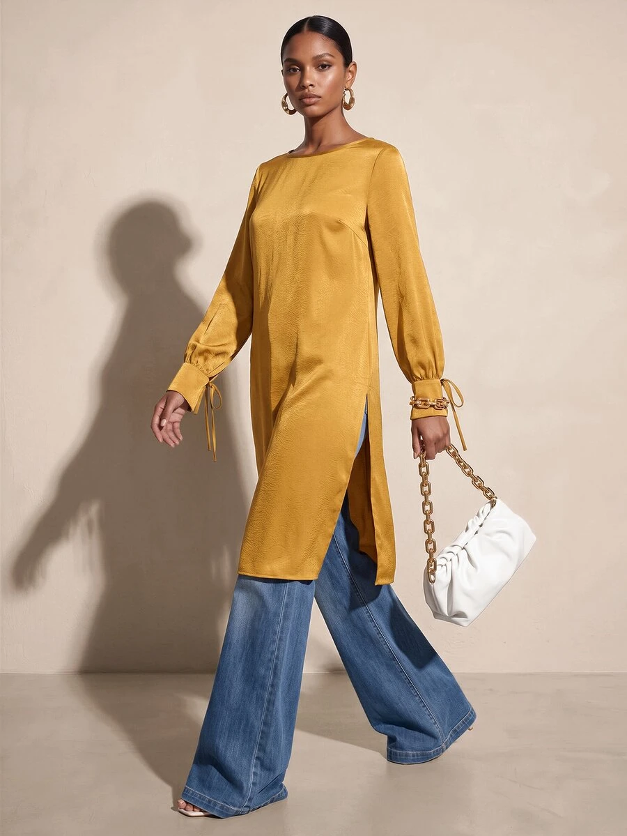 SHEIN Veneréa Kemeja Fashion Wanita Minimalis Elegan dengan Belahan, Warna Polos - Mustard Yellow - View 1