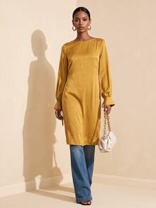 SHEIN Veneréa Kemeja Fashion Wanita Minimalis Elegan dengan Belahan, Warna Polos - Mustard Yellow - View 5