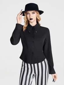Breakform Gothic Style Shirt Collar Cross Decor Buckle Waist Cinched Dark Aesthetic Long Sleeve Blouse - Black - View 3