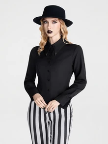 Breakform Gothic Style Shirt Collar Cross Decor Buckle Waist Cinched Dark Aesthetic Long Sleeve Blouse - Black - View 5