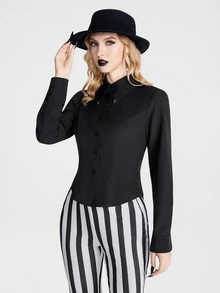 Breakform Gothic Style Shirt Collar Cross Decor Buckle Waist Cinched Dark Aesthetic Long Sleeve Blouse - Black - View 4