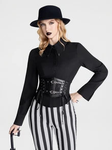 Breakform Gothic Style Shirt Collar Cross Decor Buckle Waist Cinched Dark Aesthetic Long Sleeve Blouse - Black - View 1