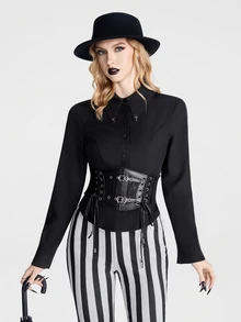 Breakform Gothic Style Shirt Collar Cross Decor Buckle Waist Cinched Dark Aesthetic Long Sleeve Blouse - Black - View 6