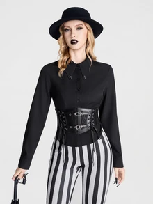 Breakform Gothic Style Shirt Collar Cross Decor Buckle Waist Cinched Dark Aesthetic Long Sleeve Blouse - Black - View 7