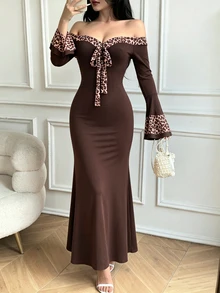 Celisse Women's Elegant Leopard Print Patchwork Off-Shoulder Flared Sleeve Mermaid Long Dress - Coffee - View 3