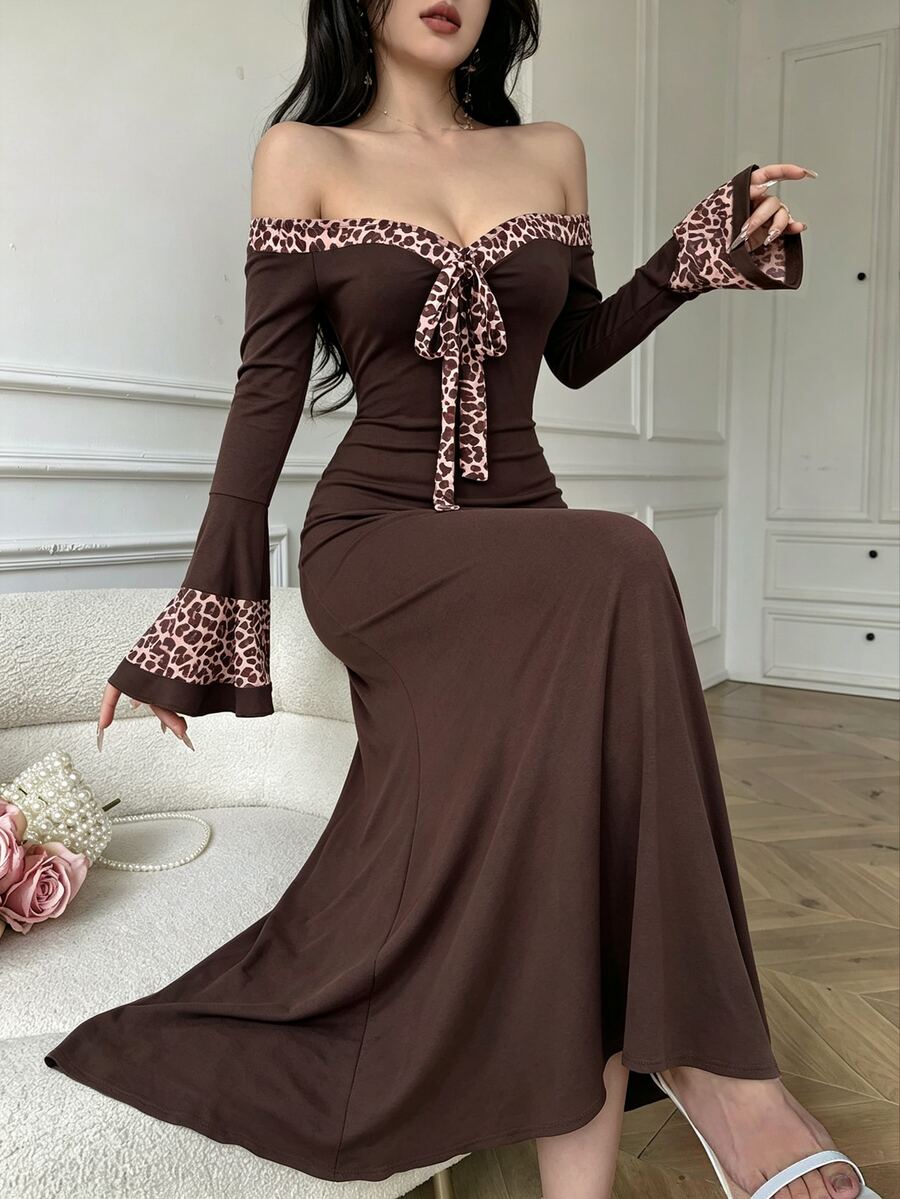 Celisse Women's Elegant Leopard Print Patchwork Off-Shoulder Flared Sleeve Mermaid Long Dress - Coffee - View 1