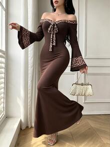 Celisse Women's Elegant Leopard Print Patchwork Off-Shoulder Flared Sleeve Mermaid Long Dress - Coffee - View 4