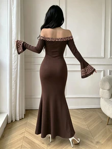 Celisse Women's Elegant Leopard Print Patchwork Off-Shoulder Flared Sleeve Mermaid Long Dress - Coffee - View 2
