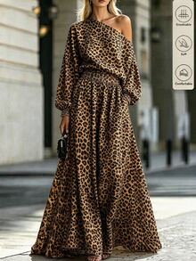 SHEIN Women's Vacation Asymmetrical Neck Leopard Print Shirred Waist Dress - Multicolor - View 5