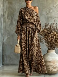 SHEIN Women's Vacation Asymmetrical Neck Leopard Print Shirred Waist Dress - Multicolor - View 6