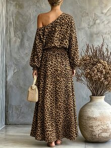 SHEIN Women's Vacation Asymmetrical Neck Leopard Print Shirred Waist Dress - Multicolor - View 2