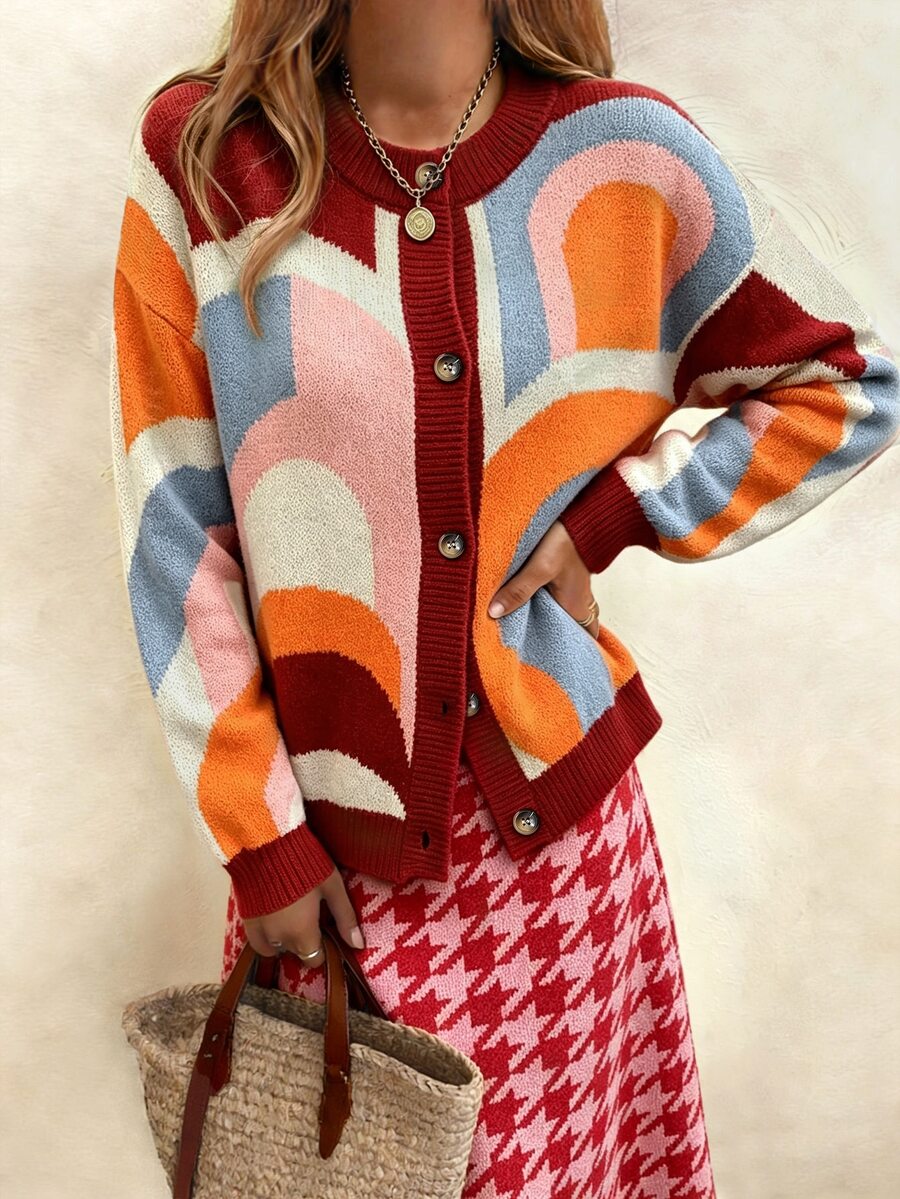 Vaclyn Vacation Casual Colorblock Pattern Cardigan - Multicolor - View 1