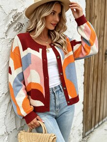 Vaclyn Vacation Casual Colorblock Pattern Cardigan - Multicolor - View 7
