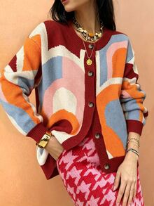 Vaclyn Vacation Casual Colorblock Pattern Cardigan - Multicolor - View 3