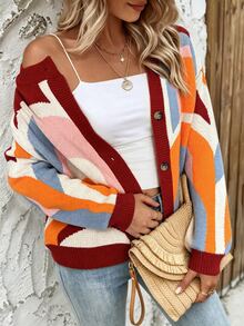 Vaclyn Vacation Casual Colorblock Pattern Cardigan - Multicolor - View 5