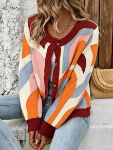Vaclyn Vacation Casual Colorblock Pattern Cardigan - Multicolor - View 4