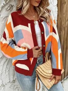 Vaclyn Vacation Casual Colorblock Pattern Cardigan - Multicolor - View 6