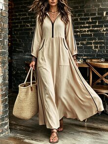 SHEIN Women's Casual New Autumn Colorblock Loose Dress, Vacation Outfit, Daily Wear - Khaki - View 9