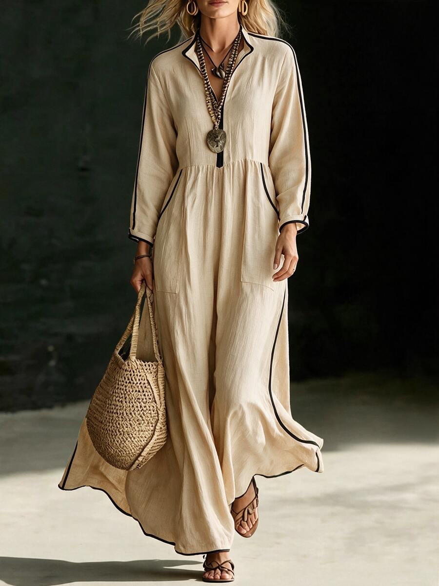 SHEIN Women's Casual New Autumn Colorblock Loose Dress, Vacation Outfit, Daily Wear - Khaki - View 1