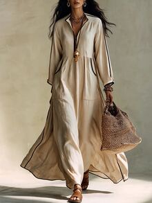 SHEIN Women's Casual New Autumn Colorblock Loose Dress, Vacation Outfit, Daily Wear - Khaki - View 6