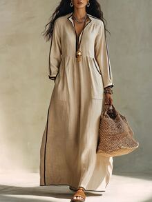 SHEIN Women's Casual New Autumn Colorblock Loose Dress, Vacation Outfit, Daily Wear - Khaki - View 8