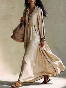SHEIN Women's Casual New Autumn Colorblock Loose Dress, Vacation Outfit, Daily Wear - Khaki - View 5