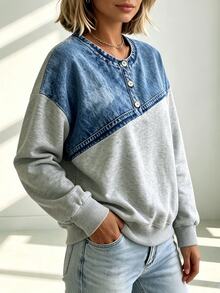 Trelyra Women's Fall/Winter Blue Grey Color-Block Print Sweatshirt, Crew Neck Button Drop Shoulder Loose Top, Chic Occasion Wear For Daily Outing Commuting - Grey - View 6