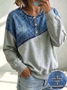 Trelyra Women's Fall/Winter Blue Grey Color-Block Print Sweatshirt, Crew Neck Button Drop Shoulder Loose Top, Chic Occasion Wear For Daily Outing Commuting - Grey - View 8