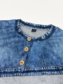 Trelyra Women's Fall/Winter Blue Grey Color-Block Print Sweatshirt, Crew Neck Button Drop Shoulder Loose Top, Chic Occasion Wear For Daily Outing Commuting - Grey - View 5