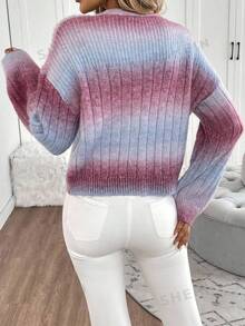 SHEIN LUNE Fuzzy Yarn Blend Gradient Cardigan Brunch Purple Autumn Casual Autumn Going Out Tops Halloween - Red Violet - View 2