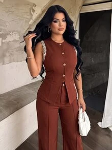 Vavine Khaki Bohemian Style Sleeveless Patchwork Woven Strap Shell Button Vest And Long Pants - Burgundy - View 5