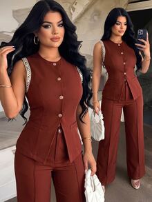 Vavine Khaki Bohemian Style Sleeveless Patchwork Woven Strap Shell Button Vest And Long Pants - Burgundy - View 1