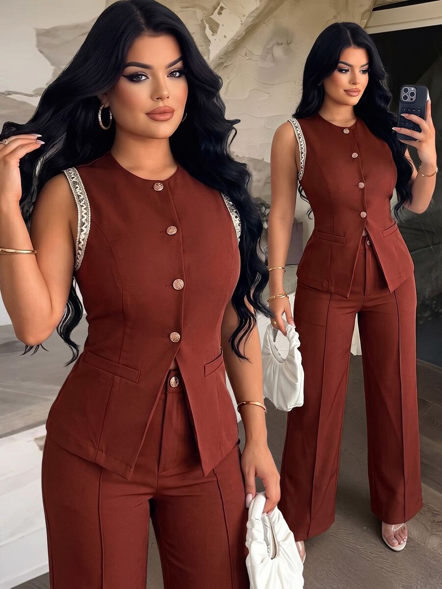 Vavine Khaki Bohemian Style Sleeveless Patchwork Woven Strap Shell Button Vest And Long Pants - Burgundy - View 1
